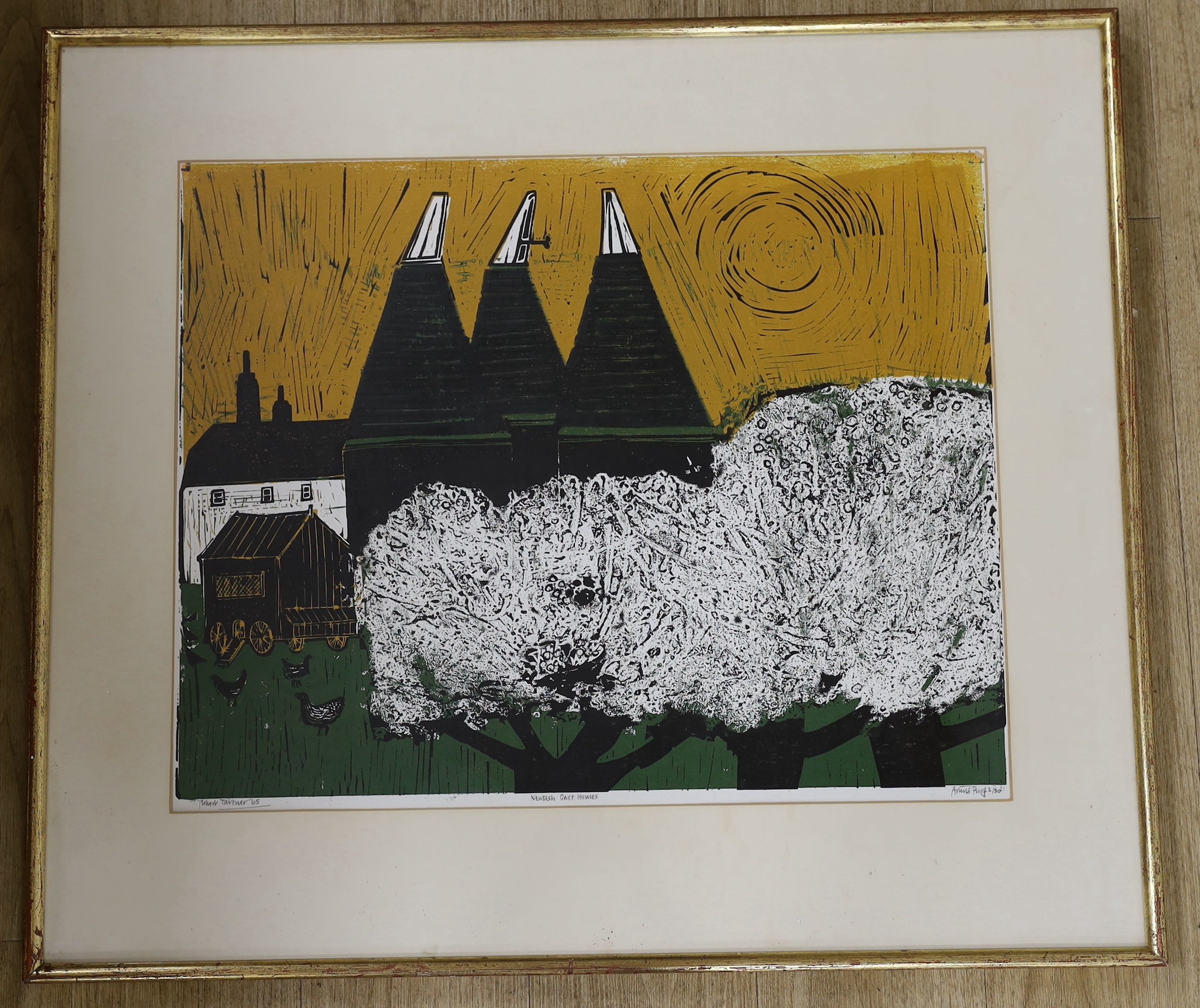 Robert Tavener (1920-2004), linocut, 'Kentish Oast Houses', signed and dated '65 and inscribed Artist's proof 2/30, 54 x 66cm